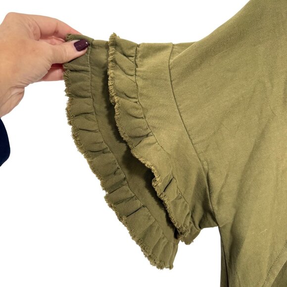 Umgee Short Sleeve Round Neck Ruffle Trim Olive Green Dress w/ Pockets Sz S NWT - Picture 3 of 9